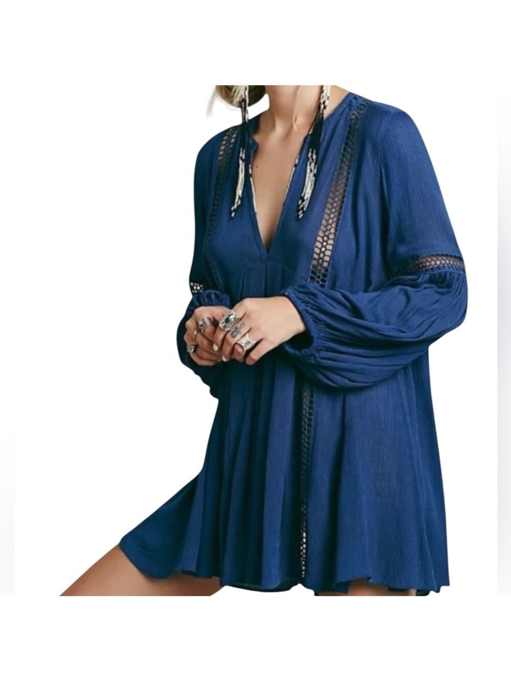 Free People Navy Babydoll Lace Inset Swing Tunic Boho Long Sleeve Dress Sz Small